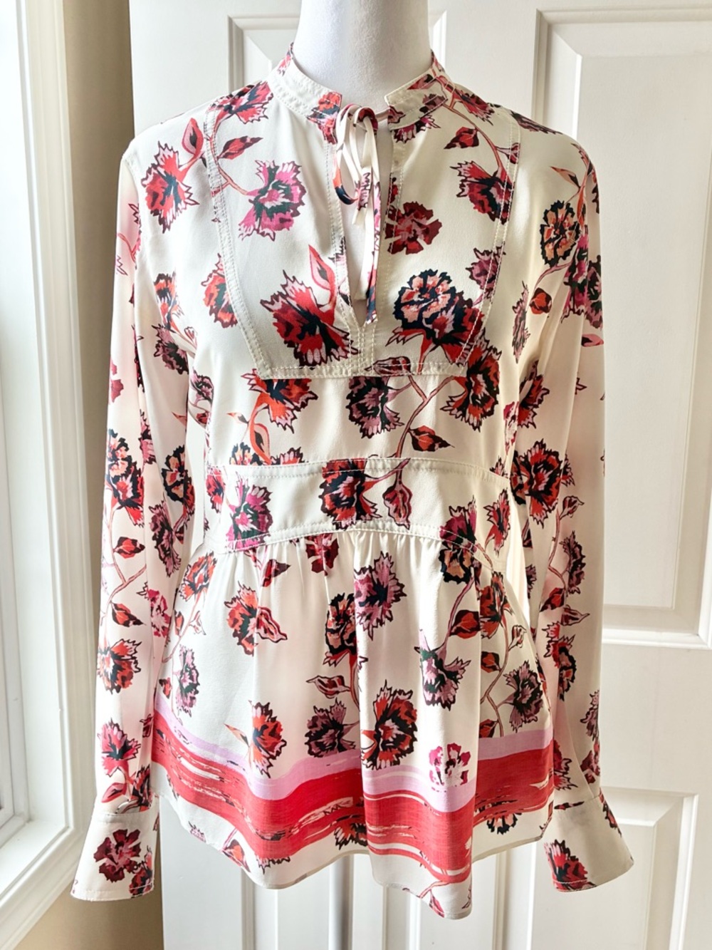 Derek Lam Silk Tie Neck Blouse Top Long Sleeve Floral Cream & Red Size S